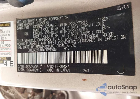 2004 Toyota Highlander z USA, uszkodzony, nr VIN JTEGD21A040091908